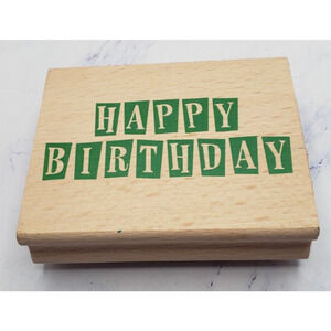 Happy Birthday Block Letters Greenbrier Wood Mounted Rubber Stamp